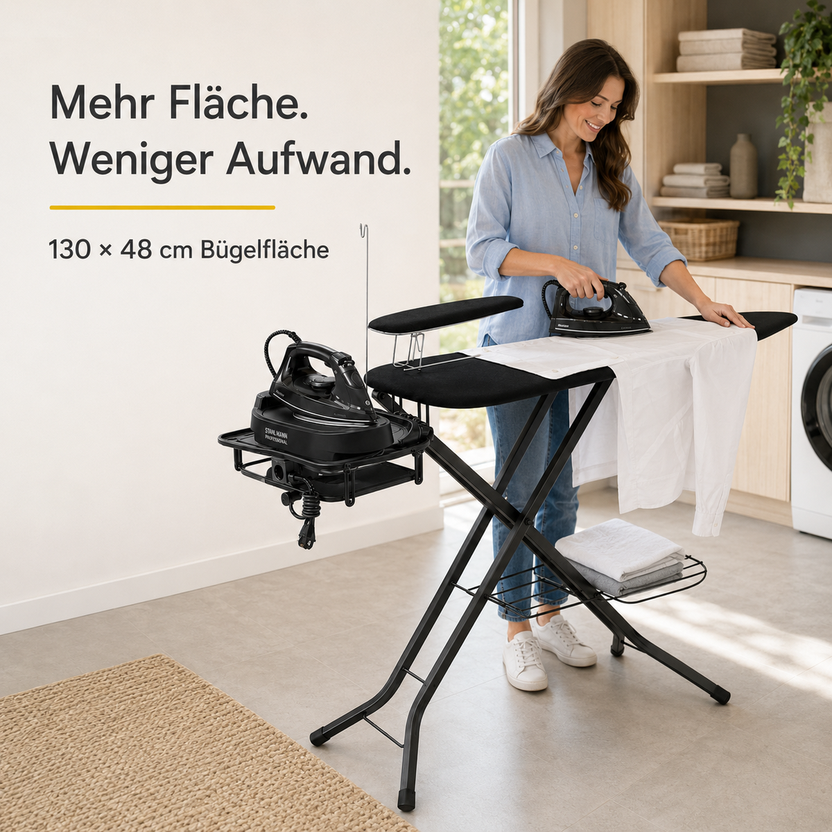 STAHLMANN® XXL Bügelbrett 130x48 cm – Für Dampfbügelstation – inkl. Ärmelbrett – 100 % Baumwollbezug – extra stabil – Made in EU