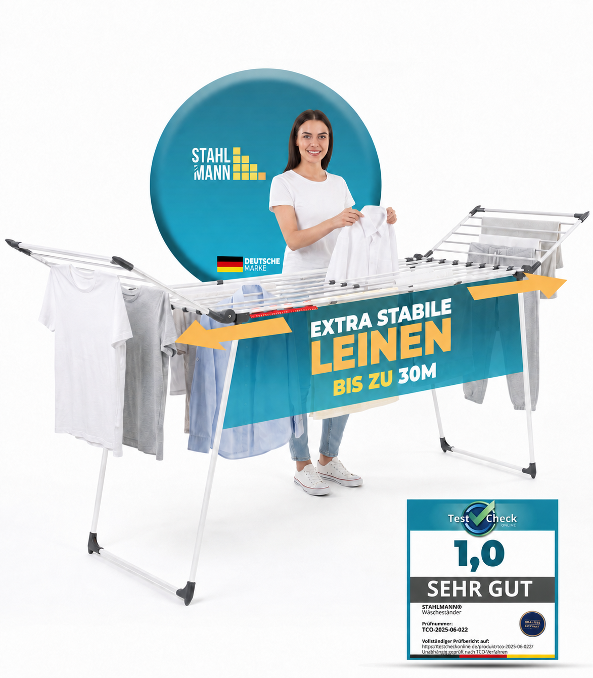 STAHLMANN® Wäscheständer ausziehbar mit Flügeln – 30 m Trockenfläche, klappbar, weiß