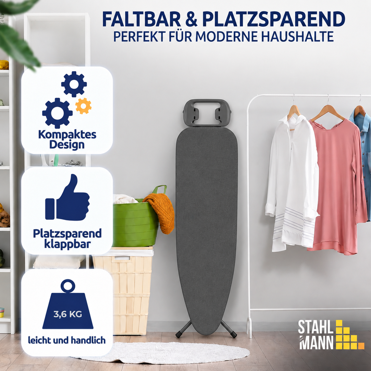 STAHLMANN® Bügelbrett schwarz 110 × 32 cm – 4-fach höhenverstellbar & klappbar