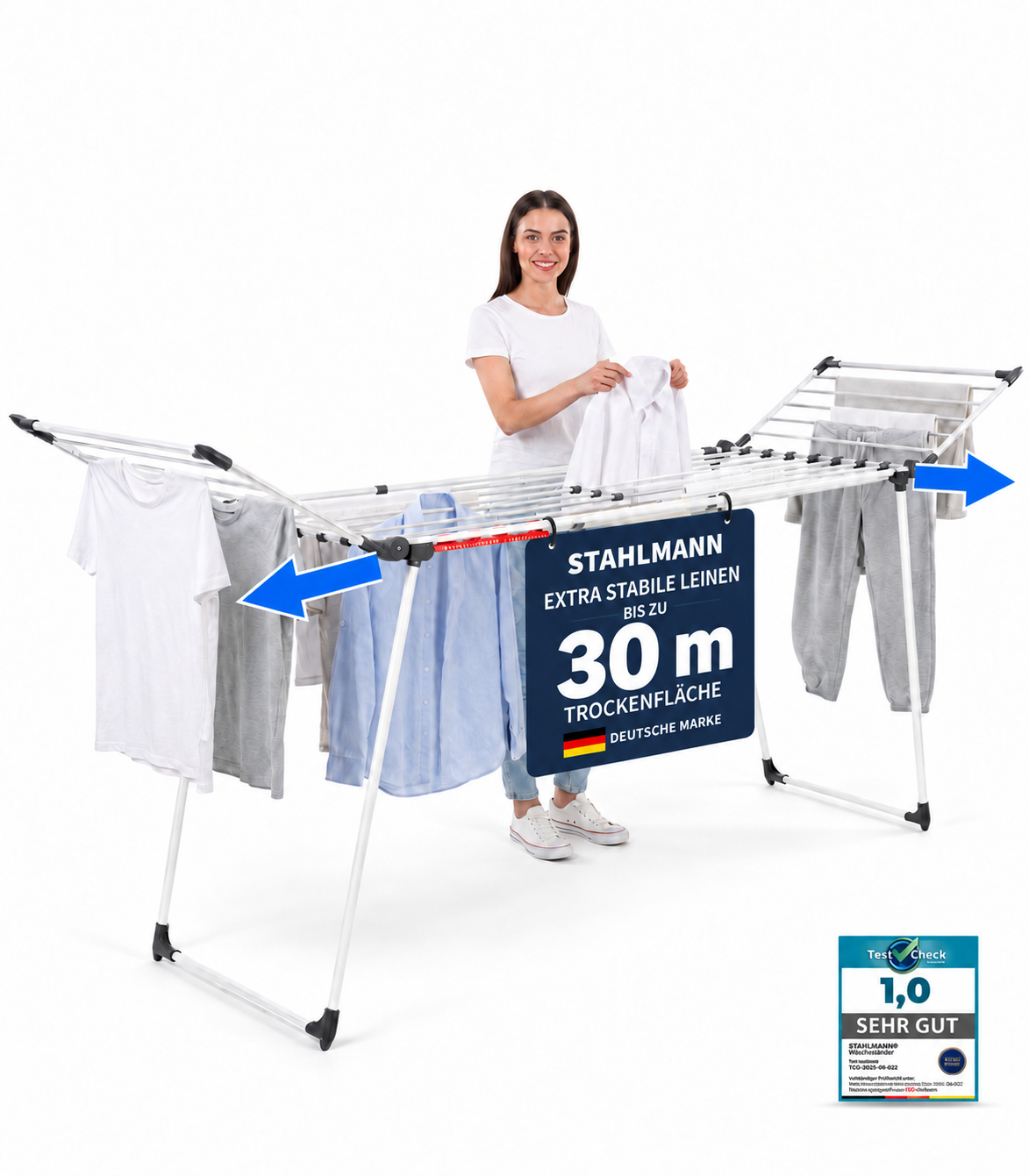 STAHLMANN® Wäscheständer ausziehbar mit Flügeln – 30 m Trockenfläche, klappbar, weiß