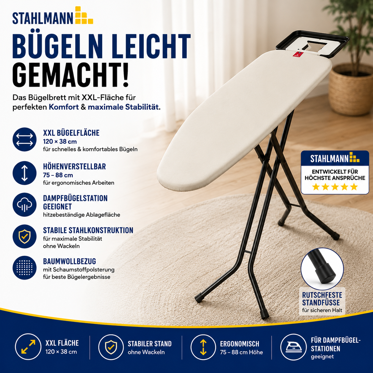 Stahlmann Bügelbrett Granada 120 × 38 cm – höhenverstellbar | Turbobezug | für Dampfbügelstation