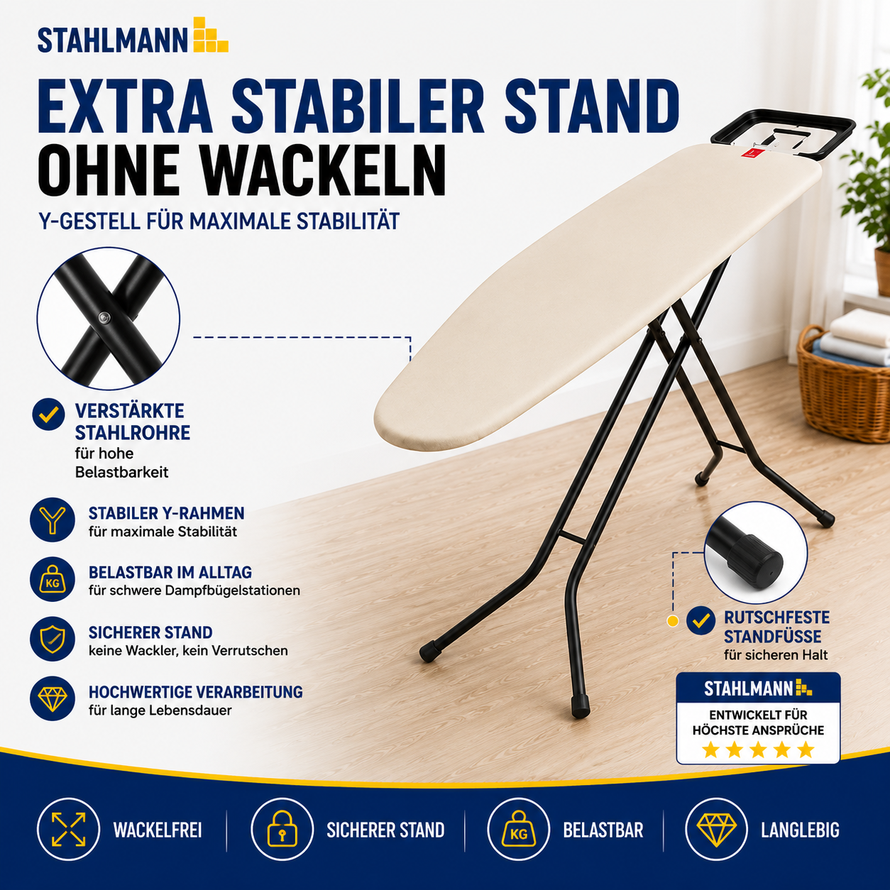 Stahlmann Bügelbrett Granada 120 × 38 cm – höhenverstellbar | Turbobezug | für Dampfbügelstation