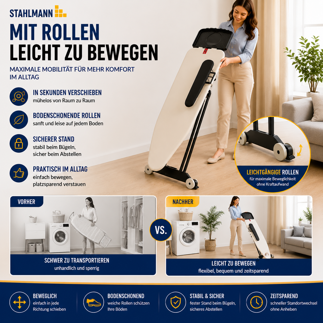 Stahlmann Bügelbrett 132 × 46 cm – mit Ärmelbrett | Made in EU | für Dampfbügelstation