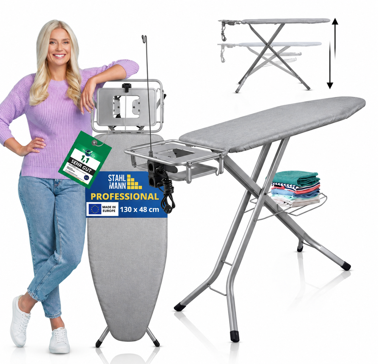 STAHLMANN® XXL Strijkplank 120x38 cm – Voor stoomstrijkstations – TÜV-gecertificeerd – Hoes van 100% katoen – Extra stabiel – Gemaakt in de EU