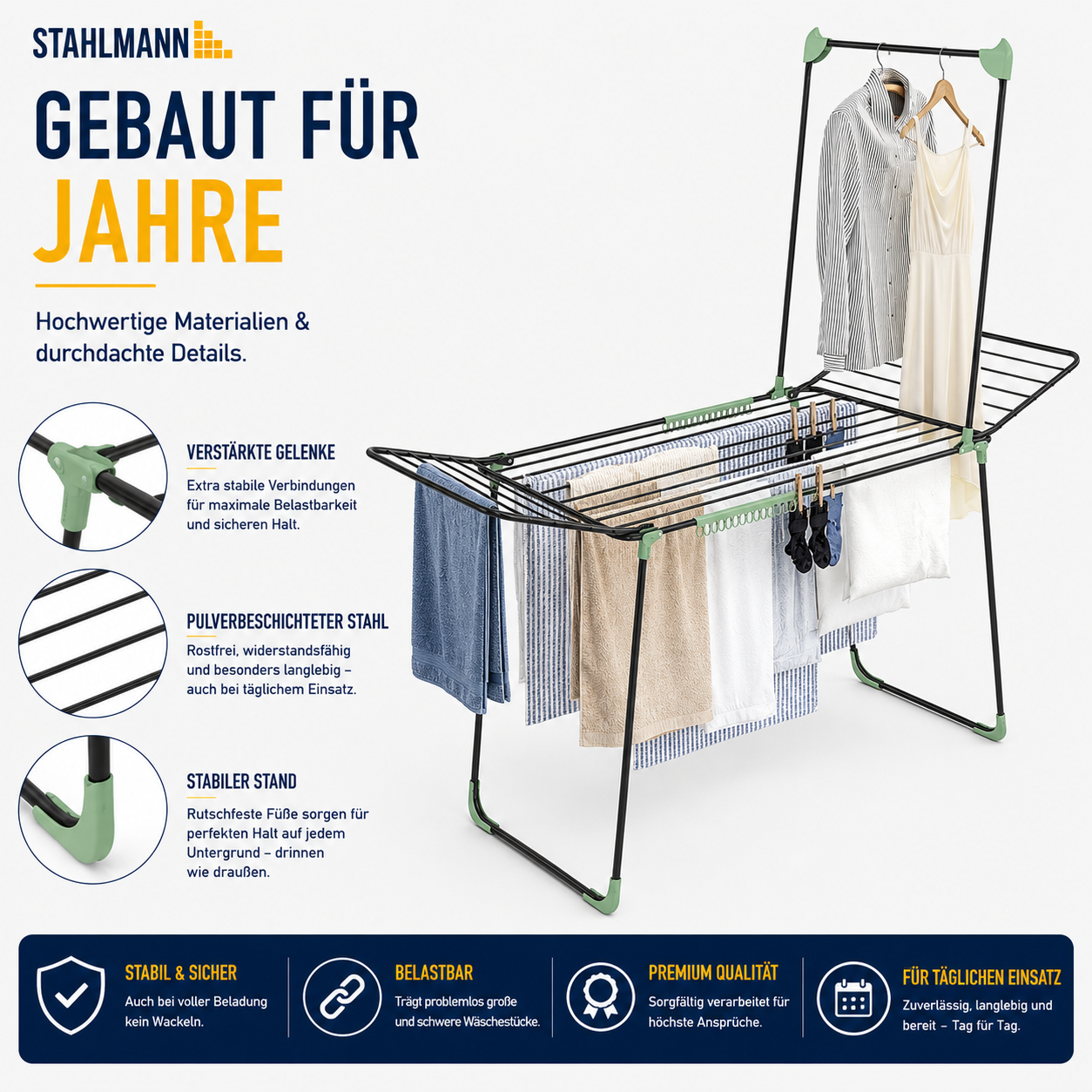 STAHLMANN® Wäscheständer ausziehbar mit Flügeln – 30 m Trockenfläche, klappbar, schwarz