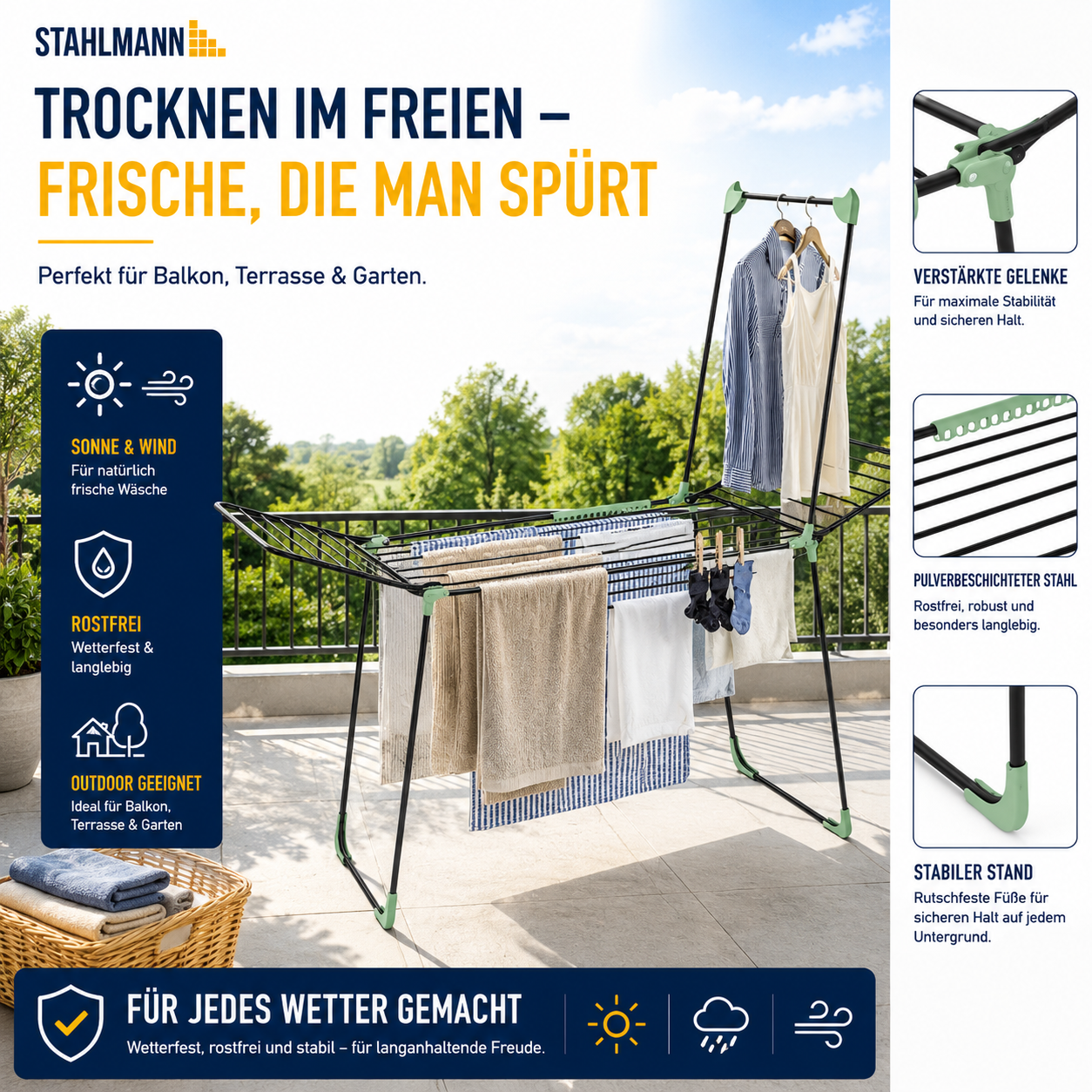 STAHLMANN® Wäscheständer ausziehbar mit Flügeln – 30 m Trockenfläche, klappbar, schwarz