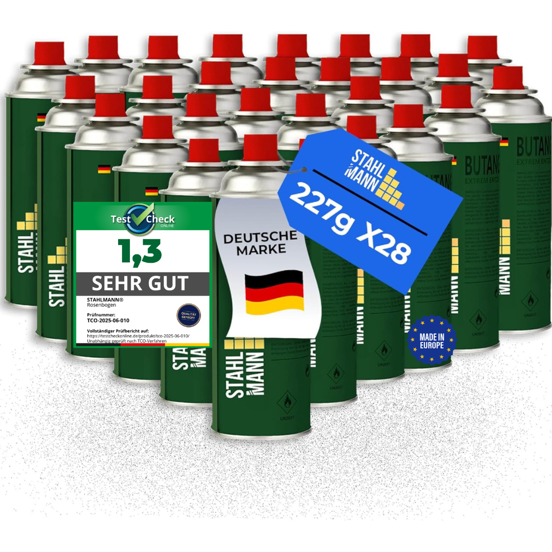 STAHLMANN® butaangaspatronen 227 g – Gevuld in de EU – voor kamperen, keuken en buitengebruik – 100% lekvrij en krachtig – met veiligheidsventiel