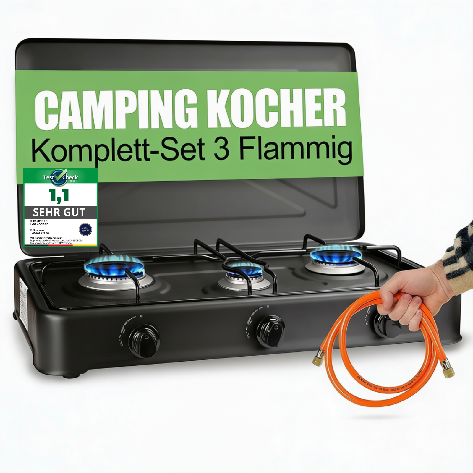 B-Camping 3-Flammen Gaskocher für Innenräume 4,35 kW – Camping Komplett-Set mit Druckregler &amp; Schlauch