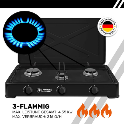 B-Camping 3-Flammen Gaskocher für Innenräume 4,35 kW – Camping Komplett-Set mit Druckregler &amp; Schlauch