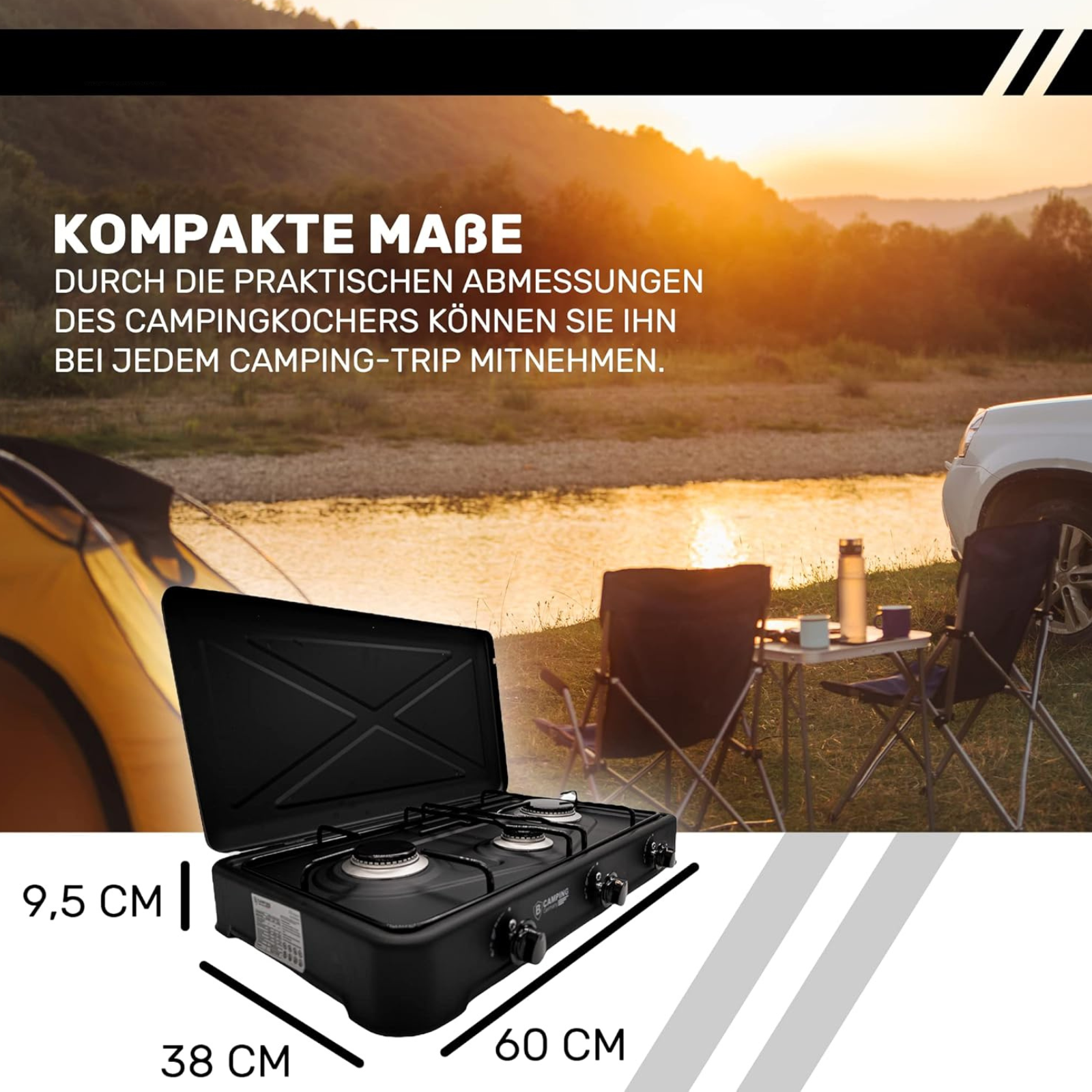 B-Camping 3-Flammen Gaskocher für Innenräume 4,35 kW – Camping Komplett-Set mit Druckregler &amp; Schlauch