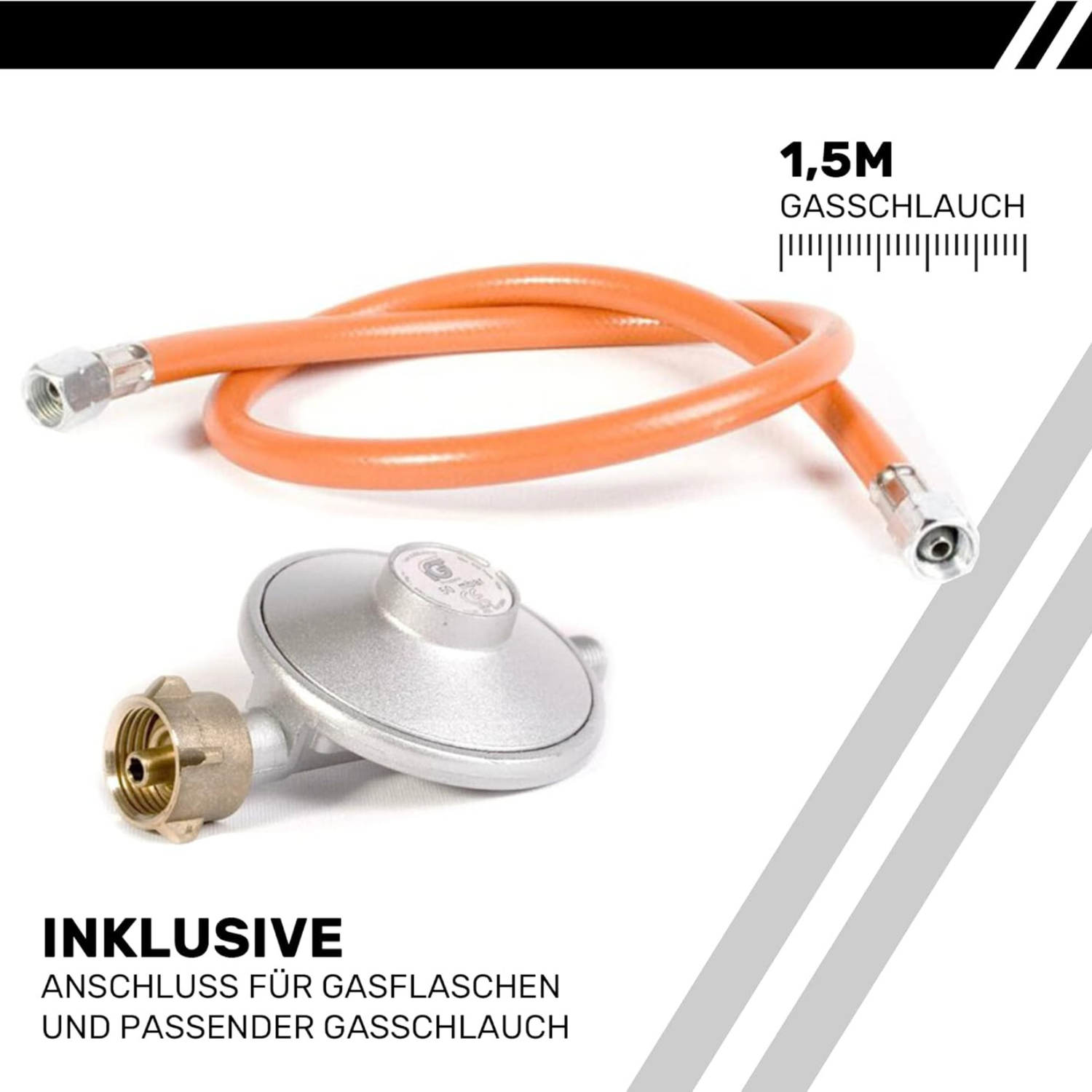 B-Camping 3-Flammen Gaskocher für Innenräume 4,35 kW – Camping Komplett-Set mit Druckregler &amp; Schlauch