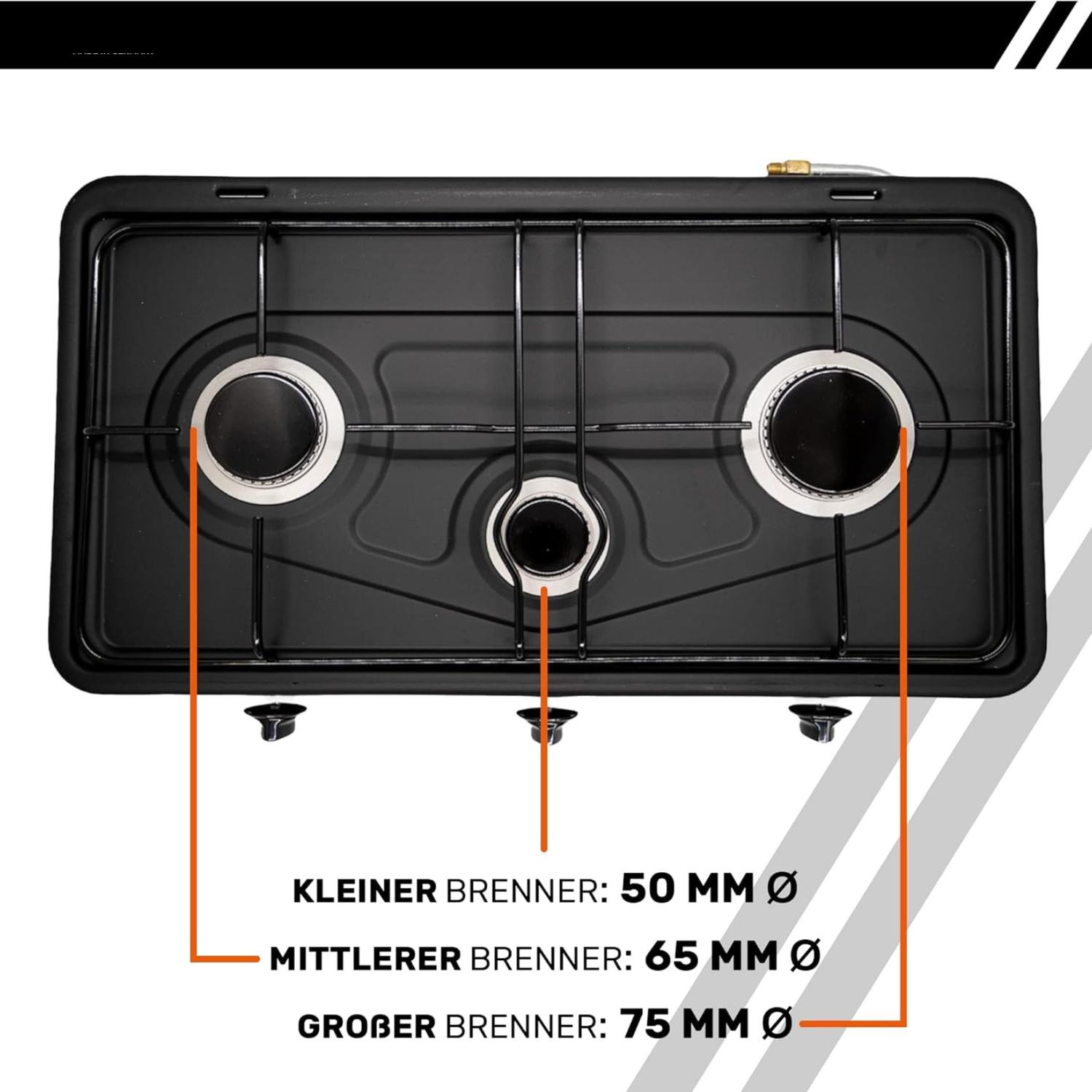 B-Camping 3-Flammen Gaskocher für Innenräume 4,35 kW – Camping Komplett-Set mit Druckregler &amp; Schlauch