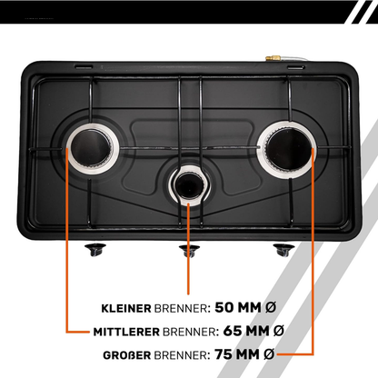B-Camping 3-Flammen Gaskocher für Innenräume 4,35 kW – Camping Komplett-Set mit Druckregler &amp; Schlauch