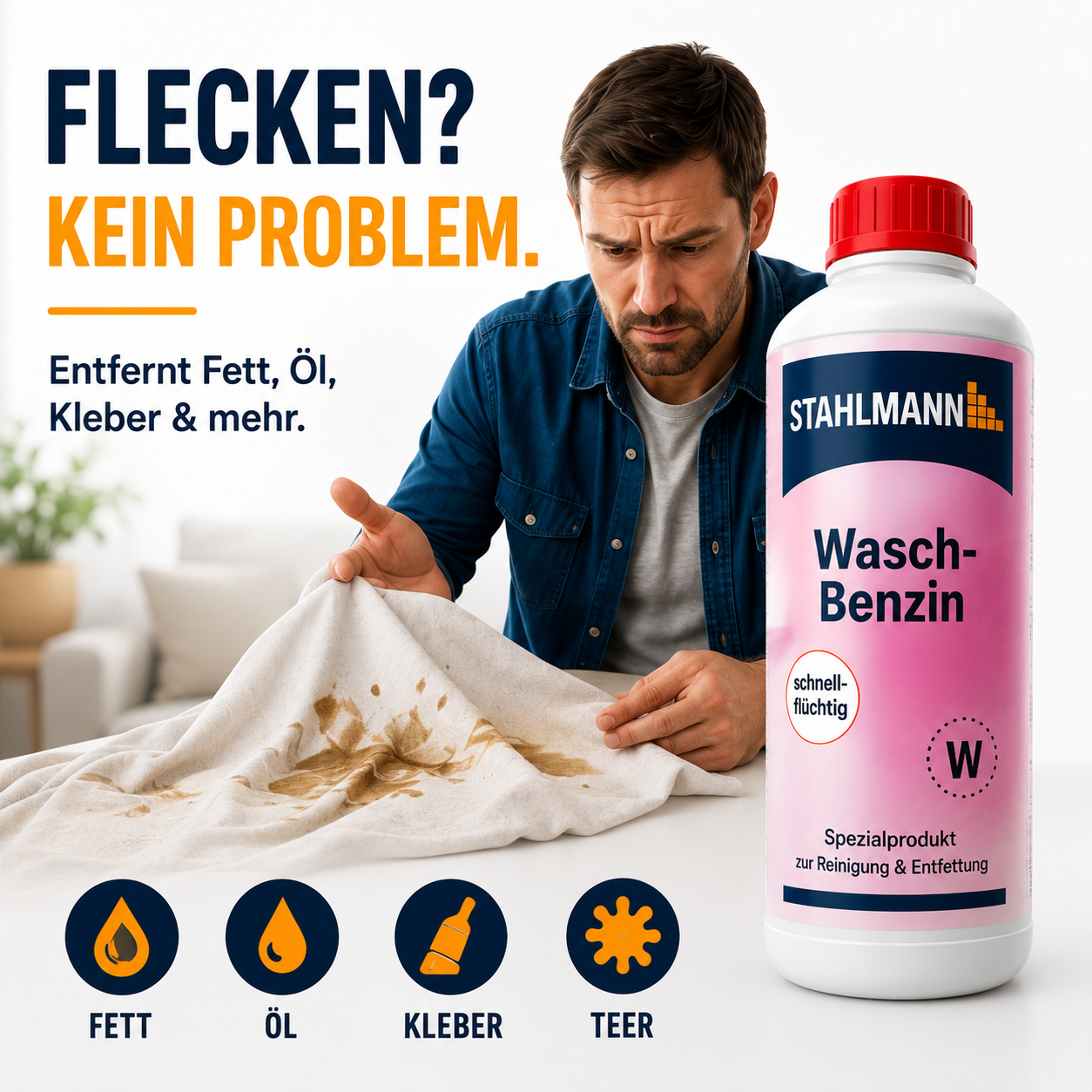 STAHLMANN Waschbenzin 1 L – Reinigungsbenzin | Fett- & Öl-Entferner | KFZ, Werkstatt, Haushalt