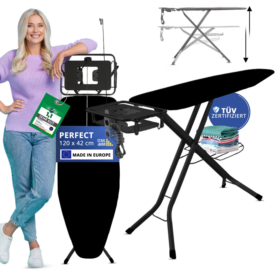 STAHLMANN® XL Strijkplank 120x42 cm – In hoogte verstelbaar &amp;amp; stabiel – Katoenen hoes – Voor stoomstrijkstations – Gemaakt in de EU 