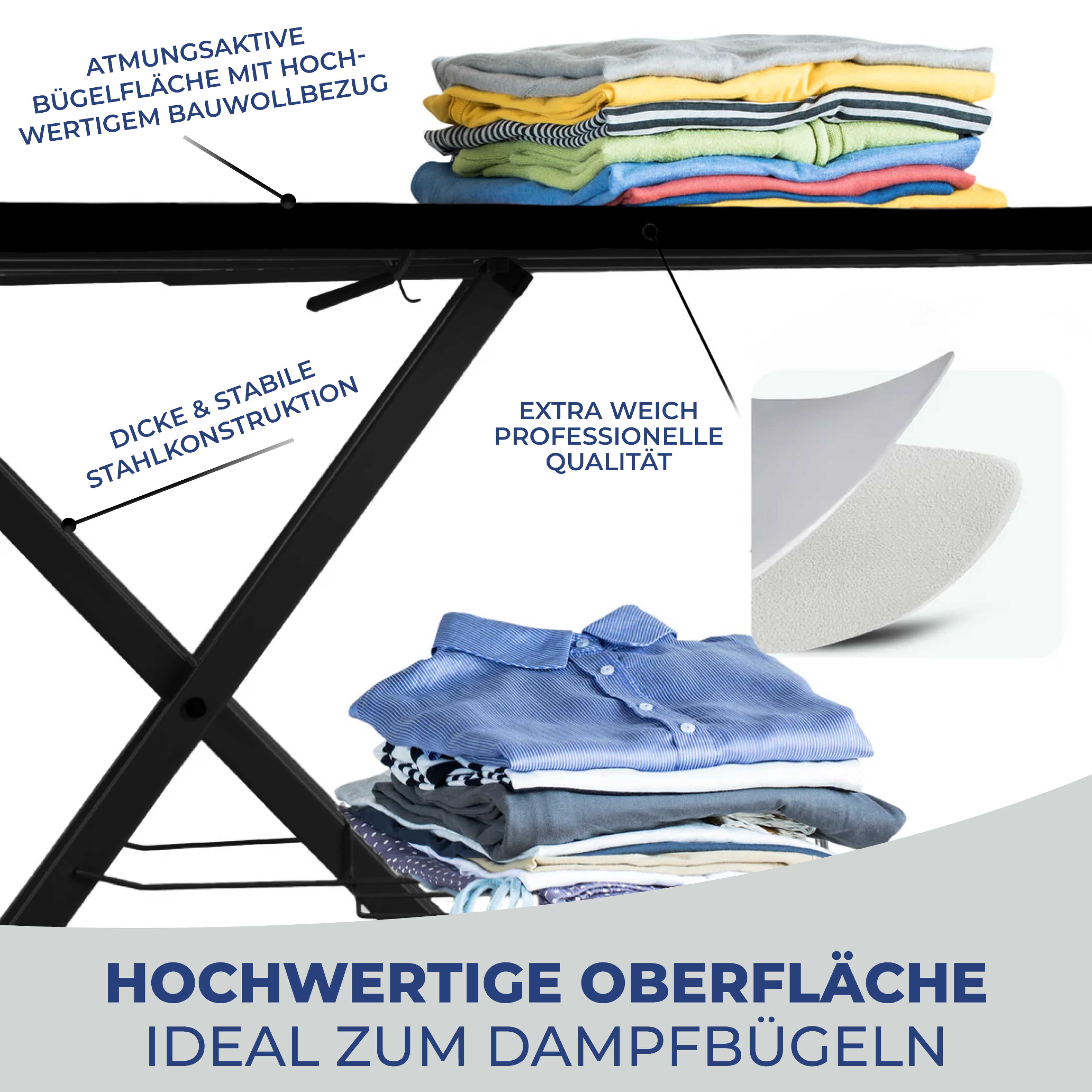 STAHLMANN® XL-Bügelbrett 120×42 cm – für Dampfbügelstation