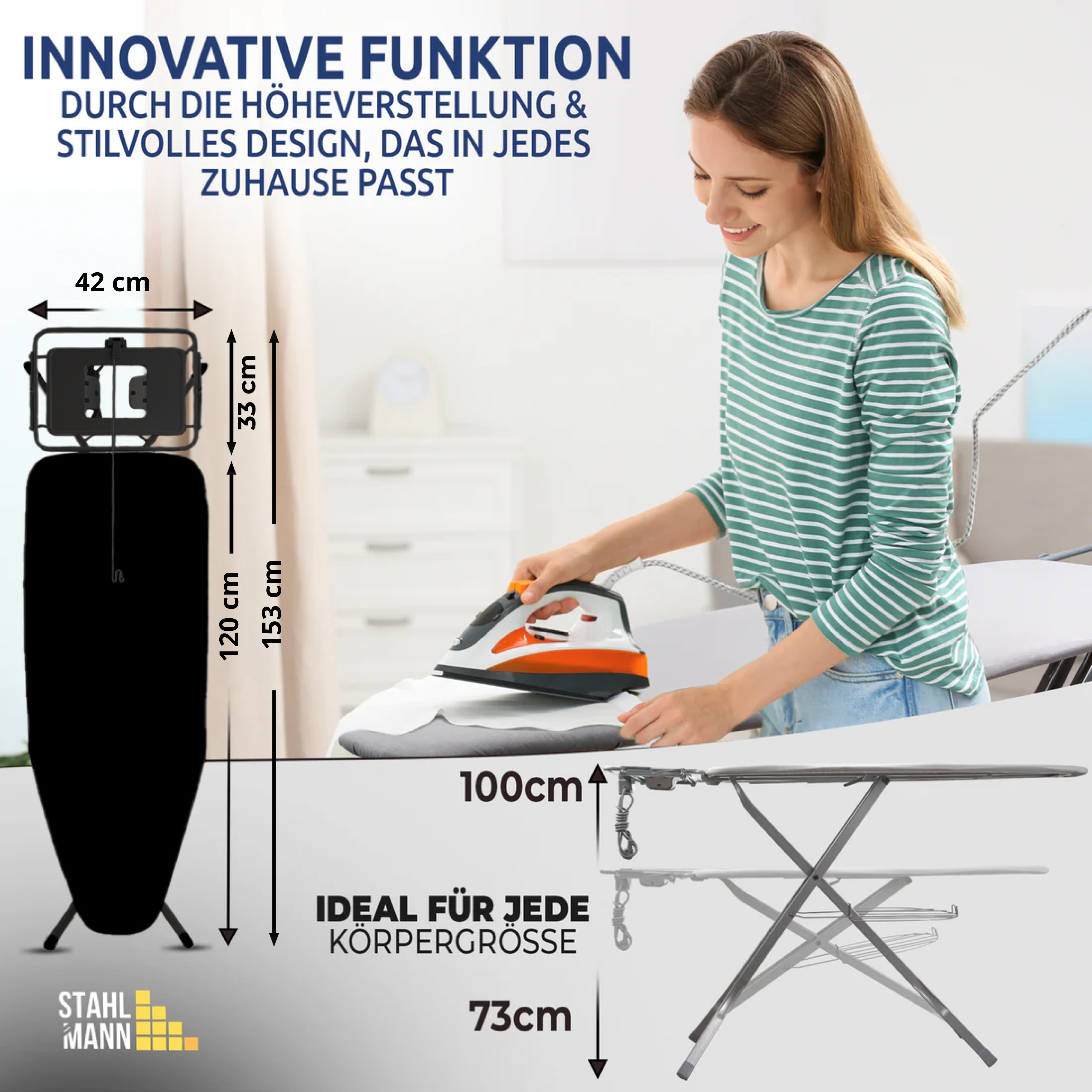 STAHLMANN® XL-Bügelbrett 120×42 cm – für Dampfbügelstation
