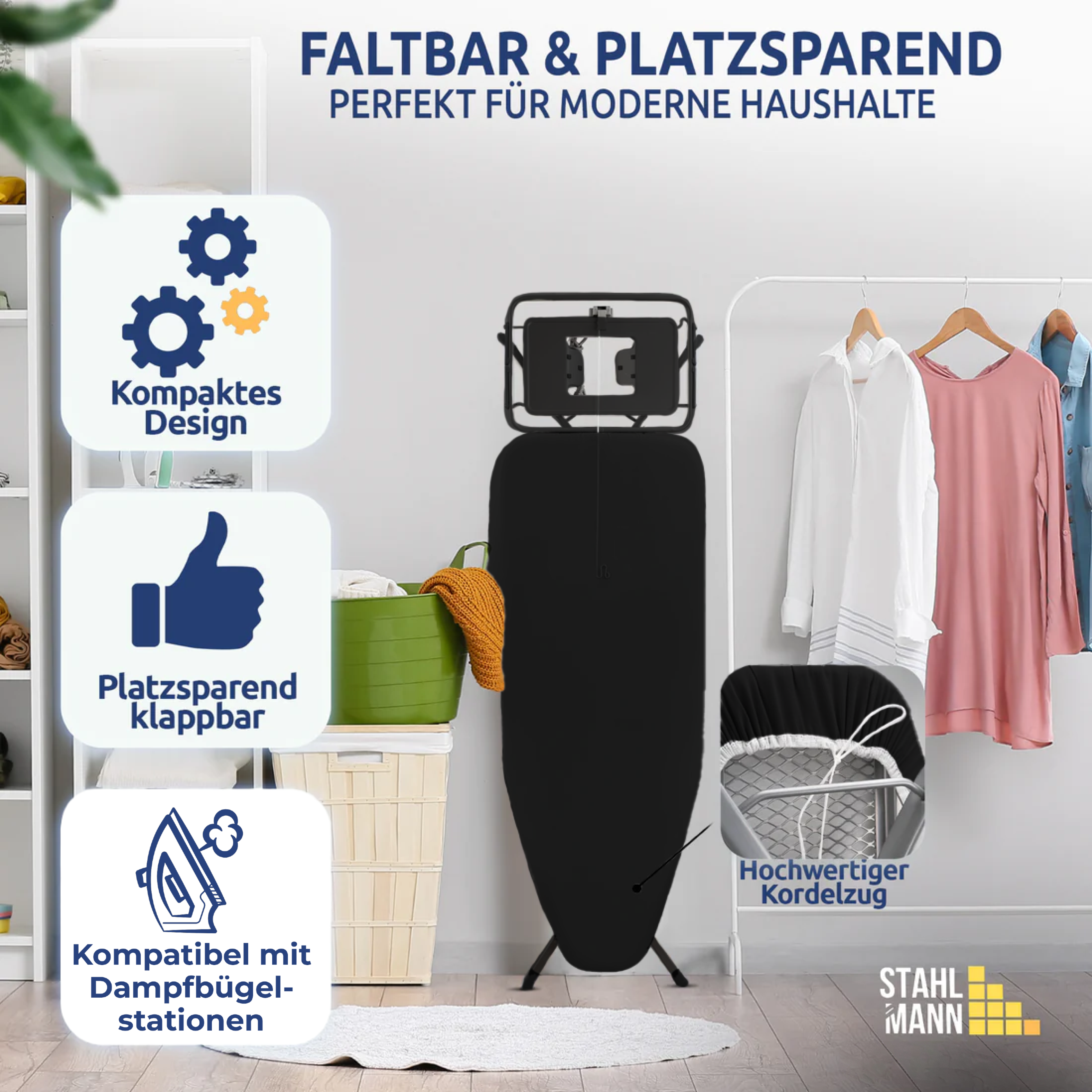 STAHLMANN® XL-Bügelbrett 120×42 cm – für Dampfbügelstation