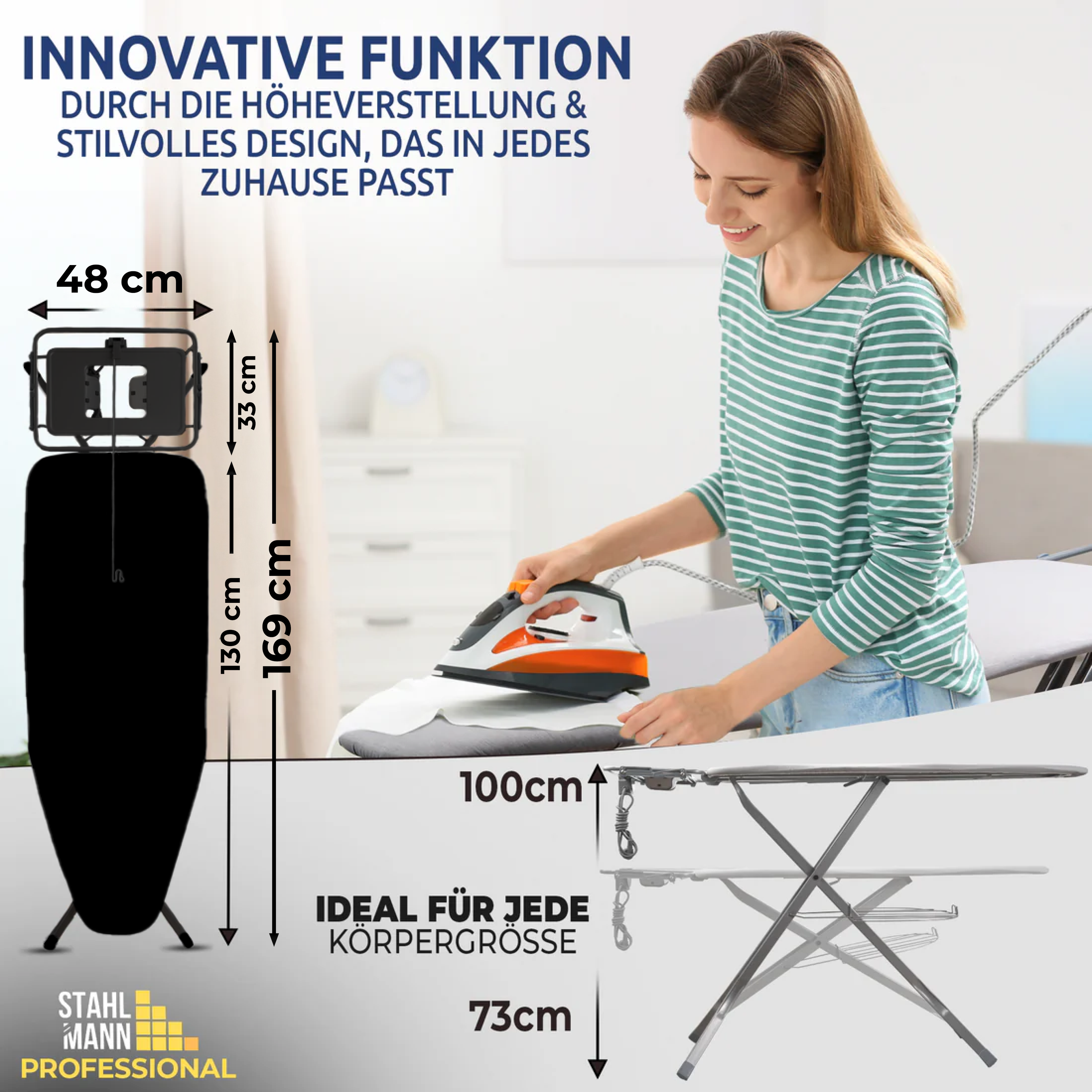 STAHLMANN® XXL Strijkplank 130x48 cm – Voor stoomstrijkstations – incl. mouwplank – 100% katoenen hoes – Extra stabiel – Gemaakt in de EU 