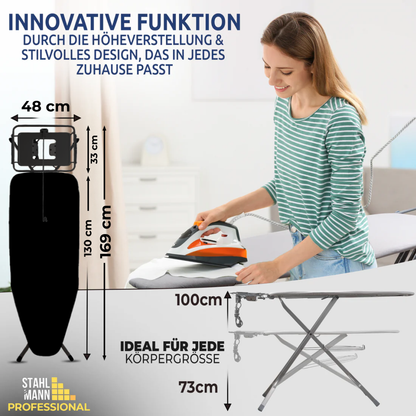 STAHLMANN® XXL Strijkplank 130x48 cm – Voor stoomstrijkstations – incl. mouwplank – 100% katoenen hoes – Extra stabiel – Gemaakt in de EU 