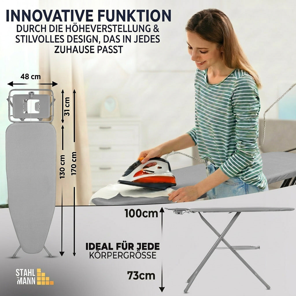 STAHLMANN® XXL-Bügelbrett 130×48 cm – für Dampfbügelstation