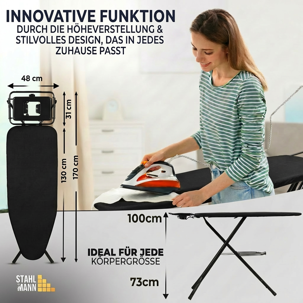 STAHLMANN® XXL Bügelbrett 130x48 cm – Für Dampfbügelstation – inkl. Ärmelbrett – 100 % Baumwollbezug – extra stabil – Made in EU