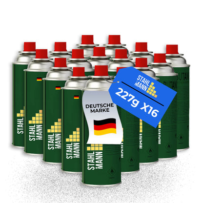 STAHLMANN® butaangaspatronen 227 g – Gevuld in de EU – voor kamperen, keuken en buitengebruik – 100% lekvrij en krachtig – met veiligheidsventiel