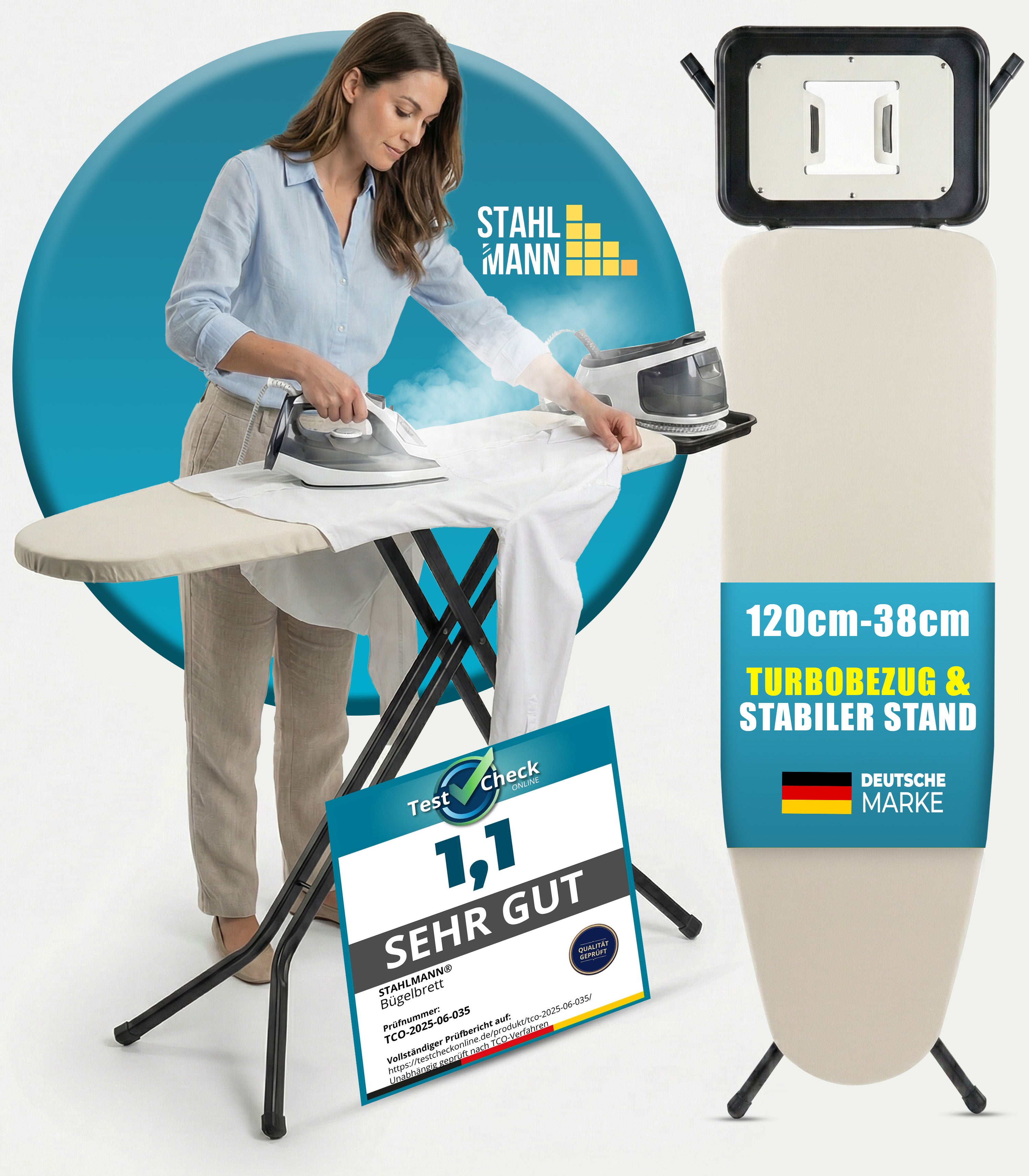 Stahlmann Bügelbrett Granada 120 × 38 cm – höhenverstellbar | Turbobezug | für Dampfbügelstation