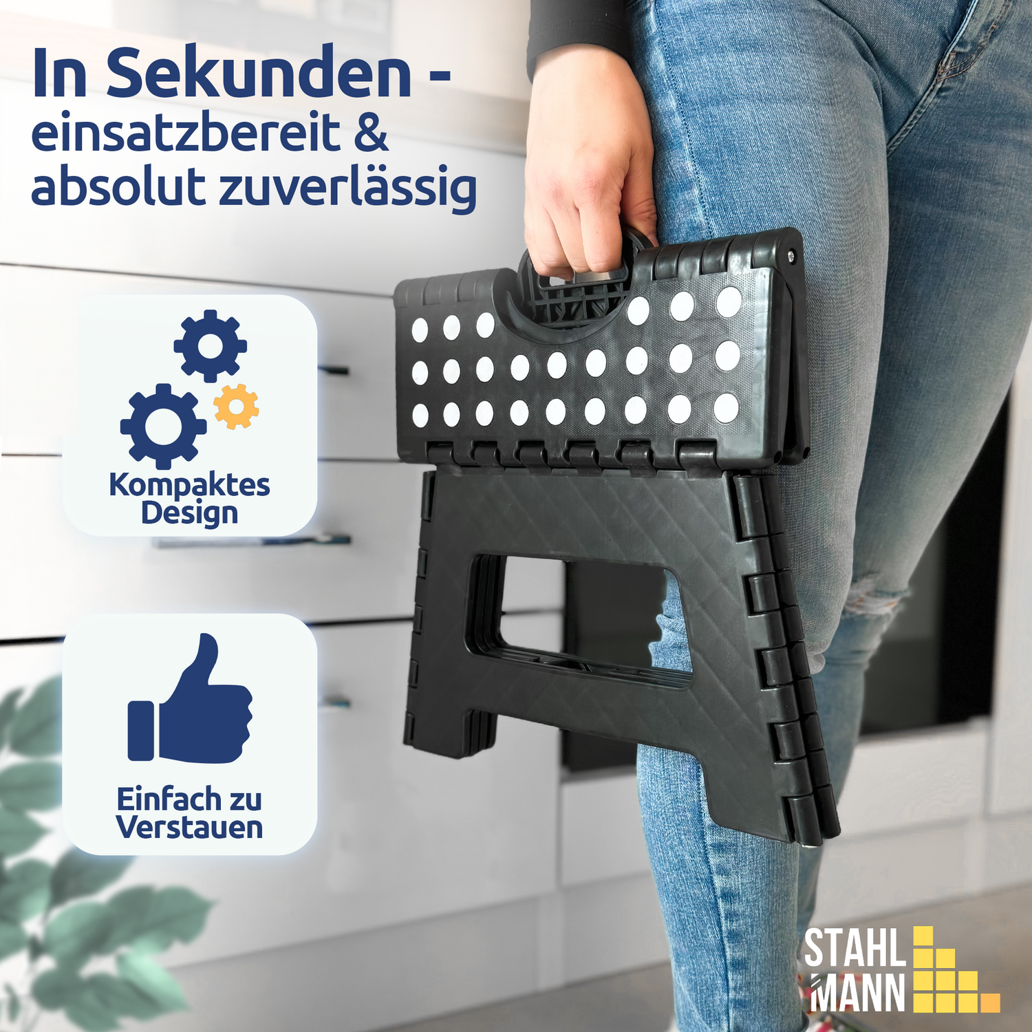 STAHLMANN® opklapbaar opstapje, draagvermogen tot 150 kg - Opklapbaar krukje, 22 cm hoog - Kinderopstapje in zwart - Opklapbaar krukje met antislipcoating 