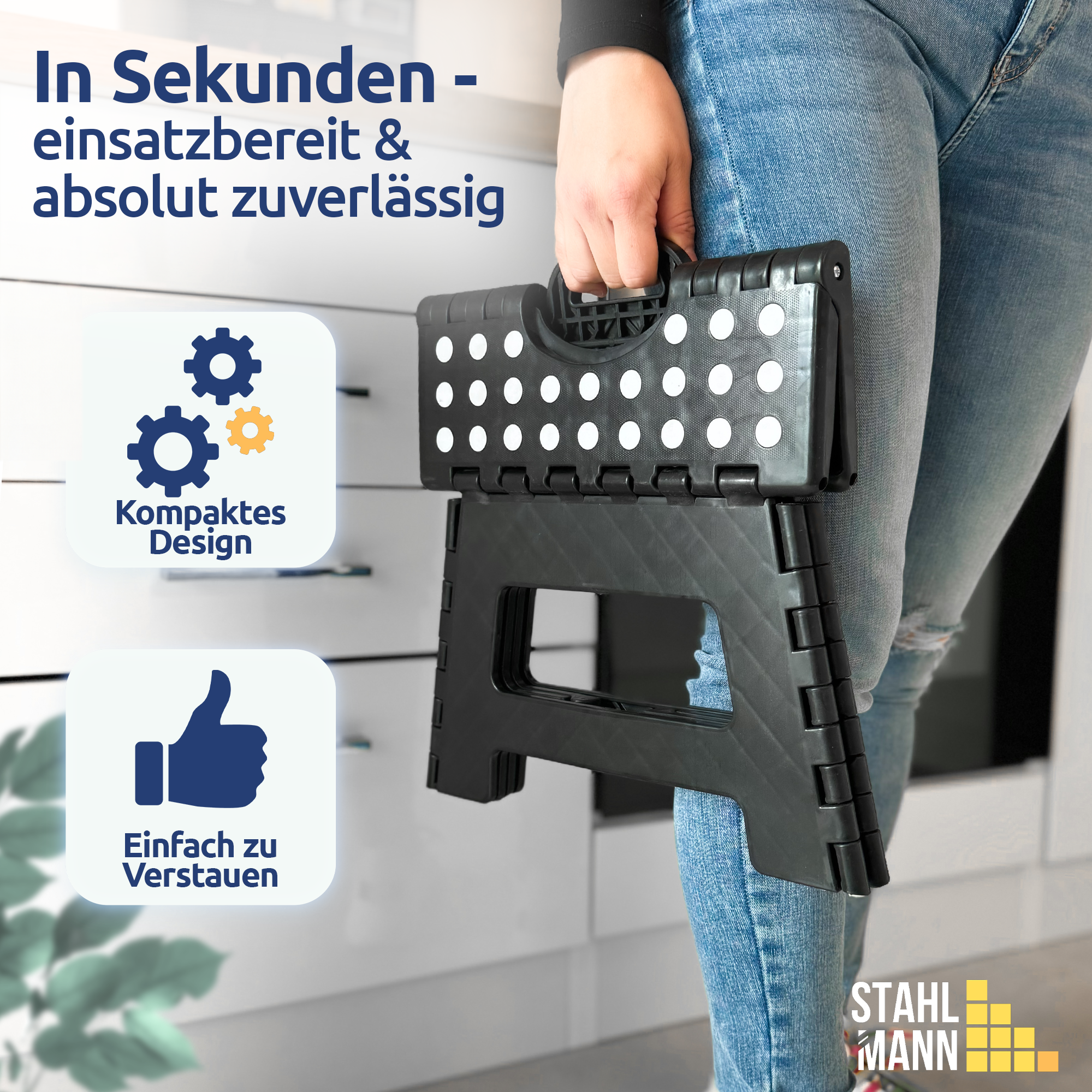 STAHLMANN® opklapbaar opstapje, draagvermogen tot 150 kg - Opklapbaar krukje, 22 cm hoog - Kinderopstapje in zwart - Opklapbaar krukje met antislipcoating 