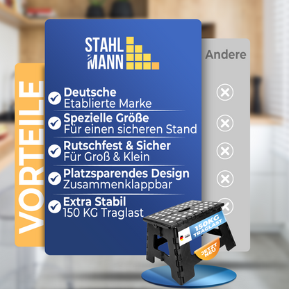 STAHLMANN® opklapbaar opstapje, draagvermogen tot 150 kg - Opklapbaar krukje, 22 cm hoog - Kinderopstapje in zwart - Opklapbaar krukje met antislipcoating 