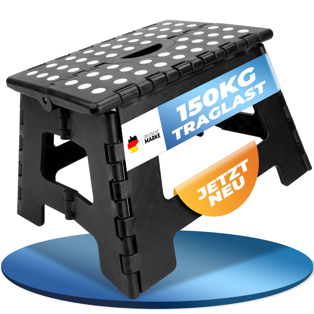 STAHLMANN® opklapbaar opstapje, draagvermogen tot 150 kg - Opklapbaar krukje, 22 cm hoog - Kinderopstapje in zwart - Opklapbaar krukje met antislipcoating