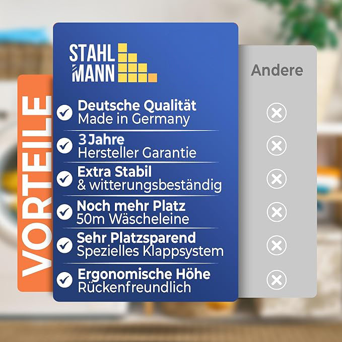Wäschespinne 50m Made in Germany – 40kg Traglast, wetterfest & ergonomisch
