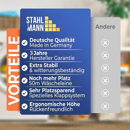 Wäschespinne 60m Made in Germany – 40kg Traglast, wetterfest &amp; ergonomisch