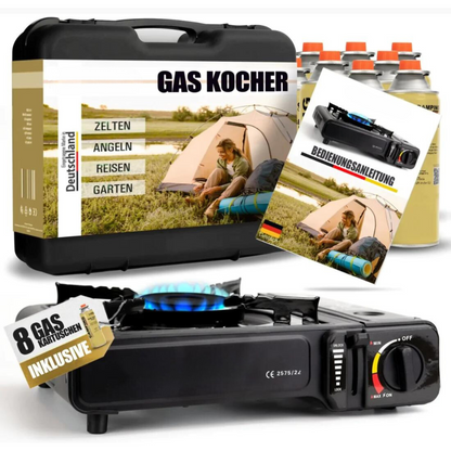 Gasfornuisset inclusief butaangaspatronen – met draagtas – compact, veilig en direct klaar voor gebruik – ideaal voor kamperen, tuinieren en buitengebruik – snelle verzending vanuit Duitsland 