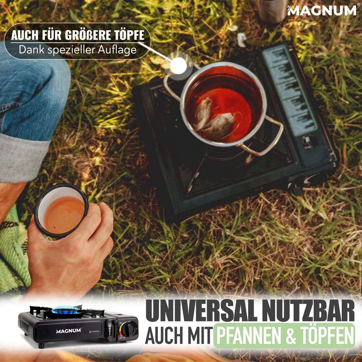 Gasfornuisset inclusief butaangaspatronen – met draagtas – compact, veilig en direct klaar voor gebruik – ideaal voor kamperen, tuinieren en buitengebruik – snelle verzending vanuit Duitsland 