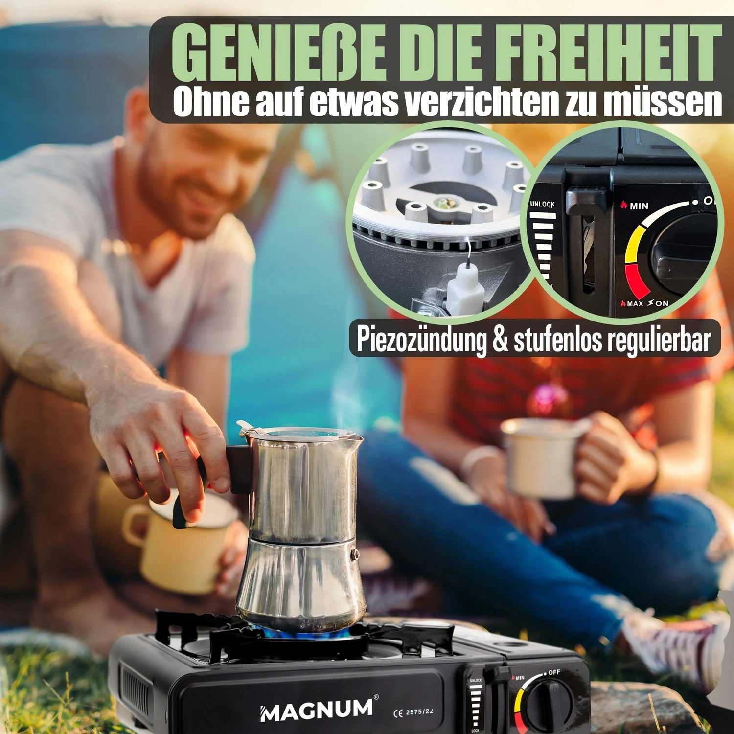 Gasfornuisset inclusief butaangaspatronen – met draagtas – compact, veilig en direct klaar voor gebruik – ideaal voor kamperen, tuinieren en buitengebruik – snelle verzending vanuit Duitsland 